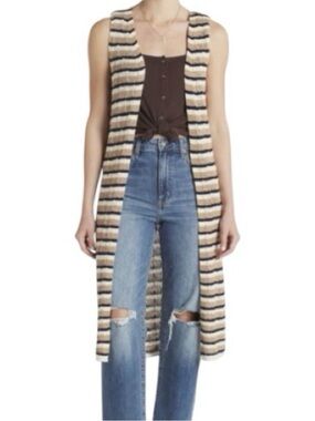 Vigoss Cream, Dark Blue & Brown Striped Knit Long Vest